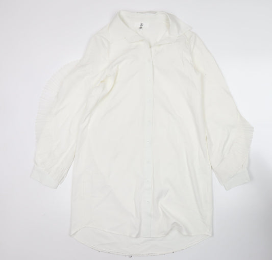 Missguided Women's White Button-Up Tunic Shirt Blouse Size 8 Long Sleeve Ruffle