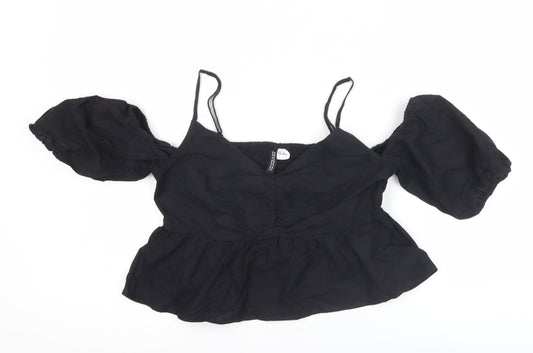 H&M Women Black Size 10 Cropped Puff Sleeve Blouse Top