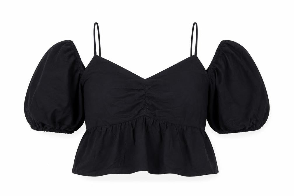H&M Women Black Size 10 Cropped Puff Sleeve Blouse Top