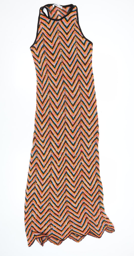 Zara Women’s Multicoloured Knit Maxi Dress S Sleeveless Chevron Summer