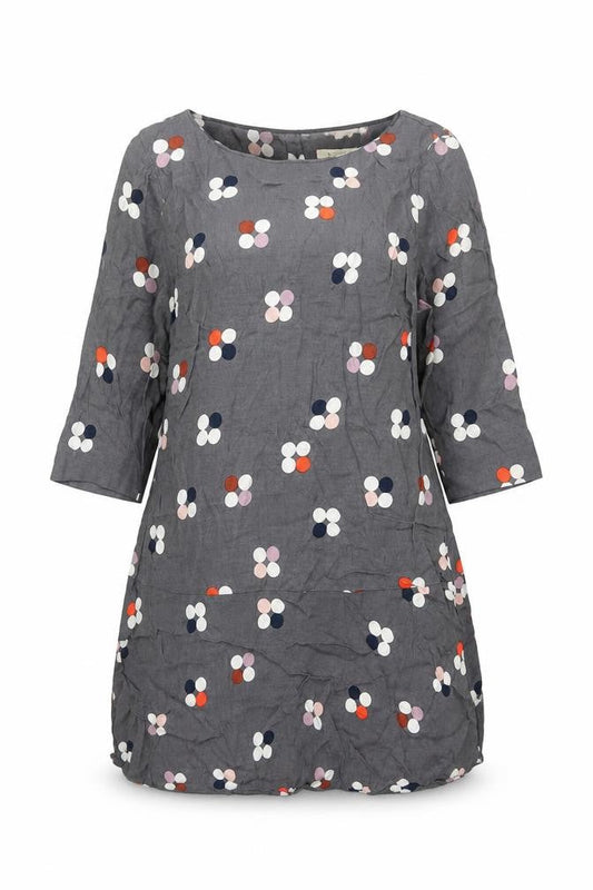 White Stuff Women’s Grey Polka Dot Shift Dress Size 12 Scoop Neck 3/4 Sleeve