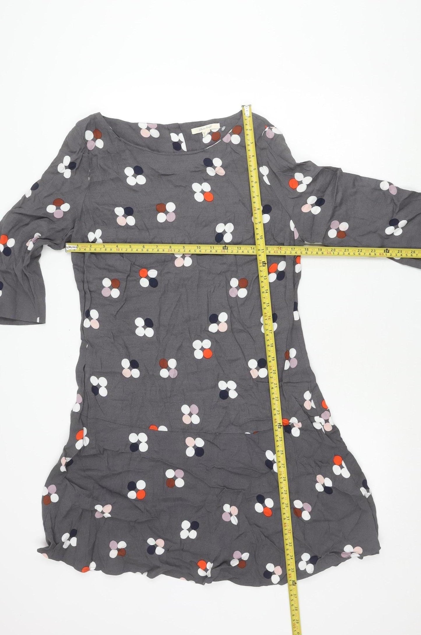 White Stuff Women’s Grey Polka Dot Shift Dress Size 12 Scoop Neck 3/4 Sleeve