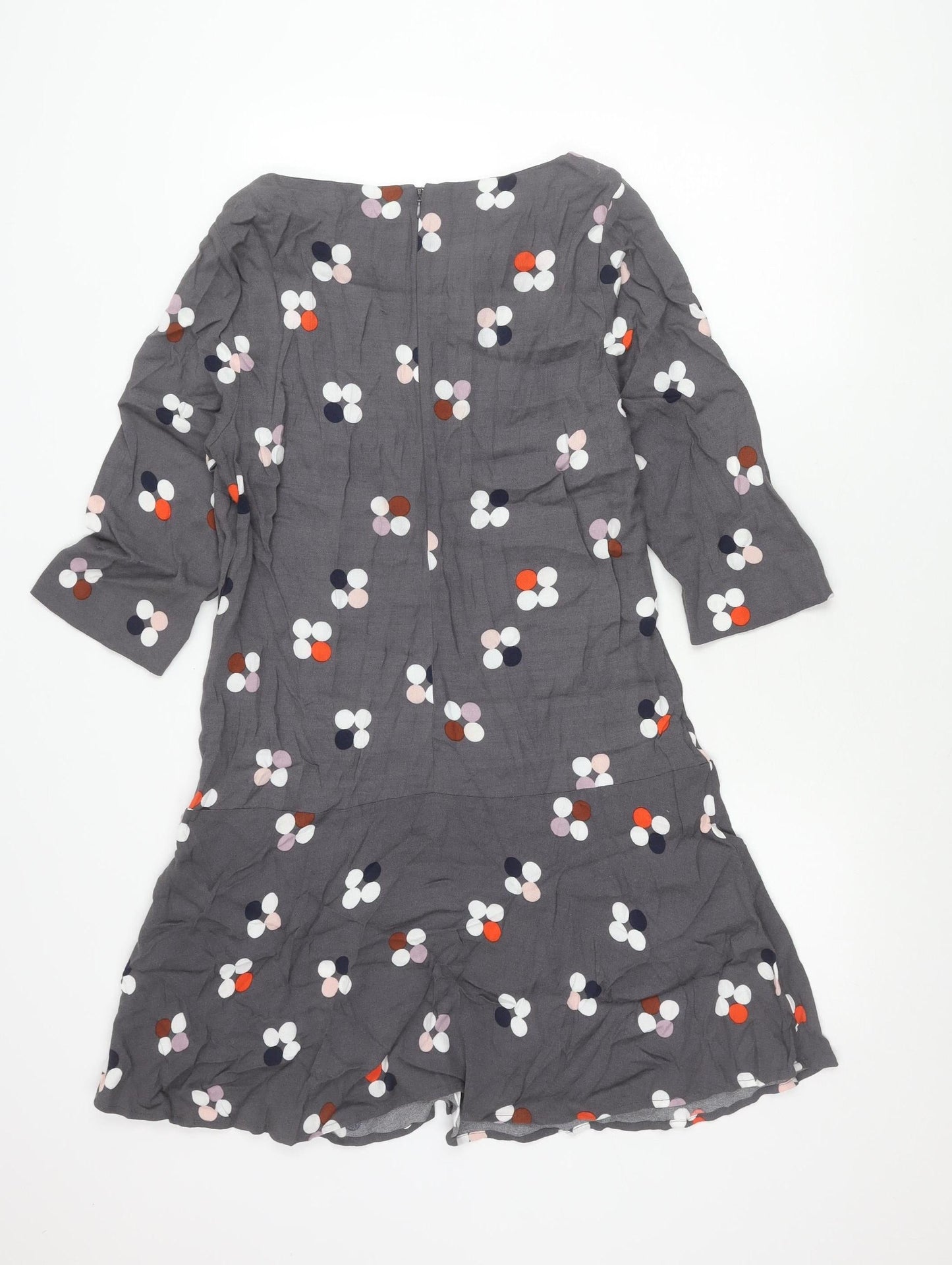 White Stuff Women’s Grey Polka Dot Shift Dress Size 12 Scoop Neck 3/4 Sleeve