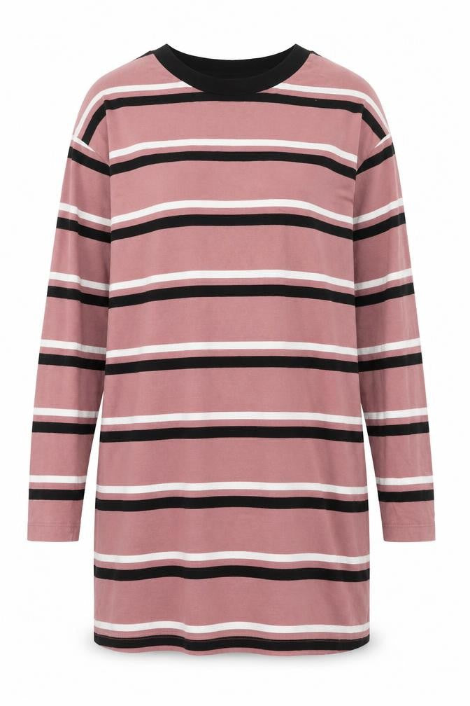 Front view of ASOS DESIGN women’s pink striped long sleeve cotton t-shirt, size UK 8
