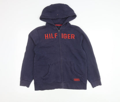 Additional front view of Tommy Hilfiger boys’ blue zip hoodie jacket 12-14 years hooded logo
