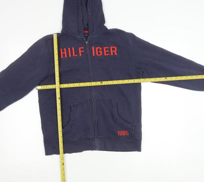 Back view of Tommy Hilfiger boys’ blue zip hoodie jacket 12-14 years hooded logo