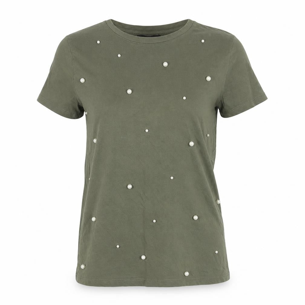 New Look Women Green Beaded Cotton T-Shirt Size 10 Crew Neck