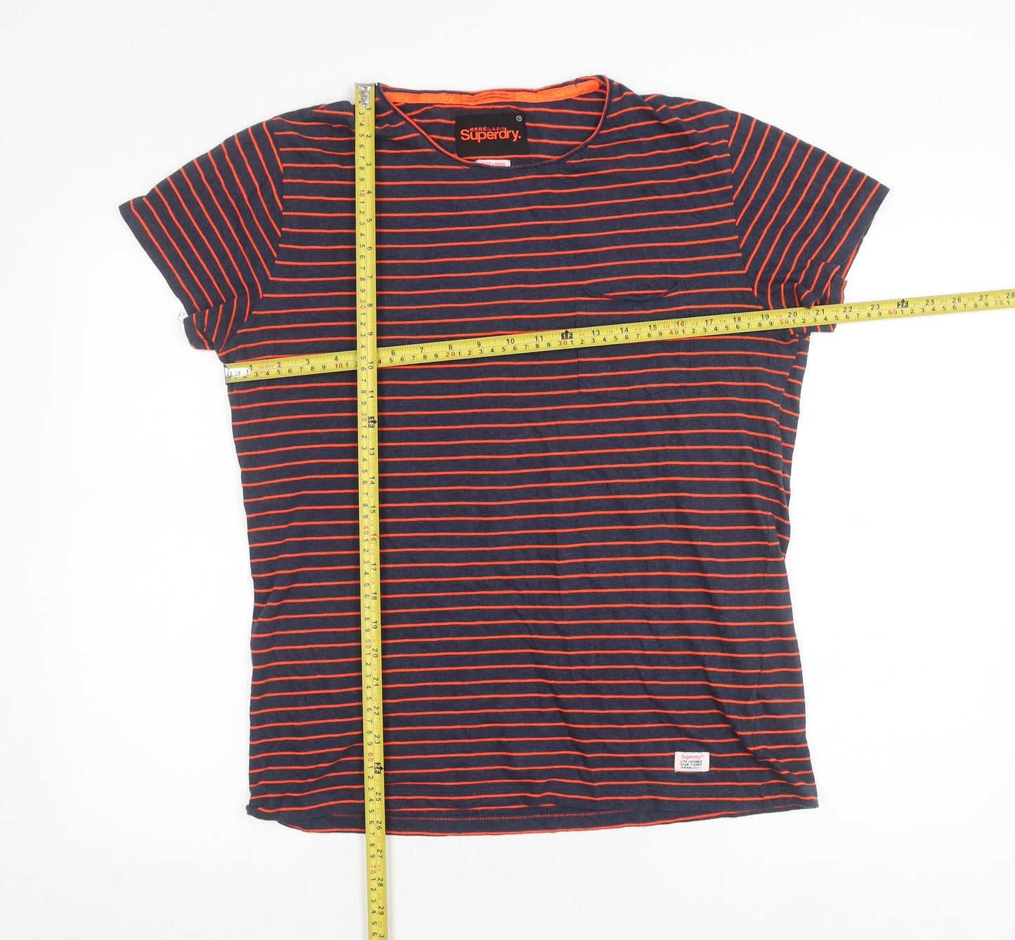 Superdry Women Blue Striped T-Shirt Size L Cotton Blend
