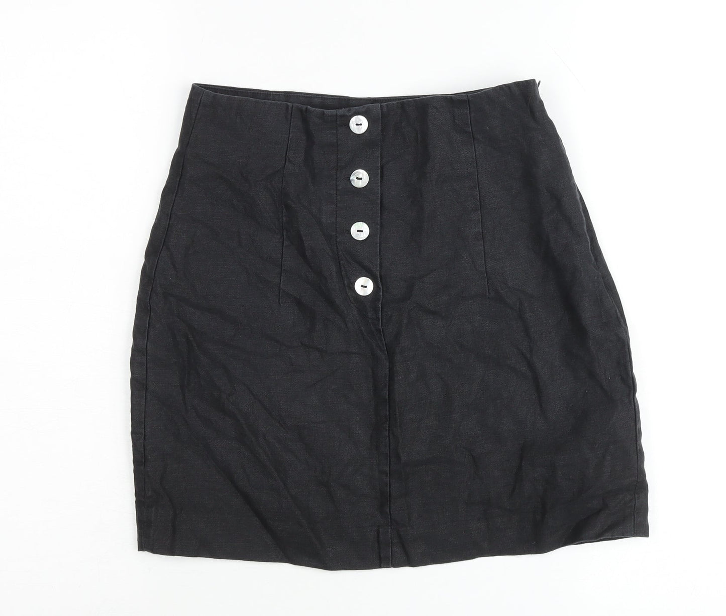 & Other Stories Women Black Linen Pencil Skirt Size 10 Buttoned