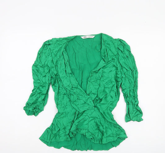 Zara Women Green Wrap Blouse Size S Viscose Long Puff Sleeve