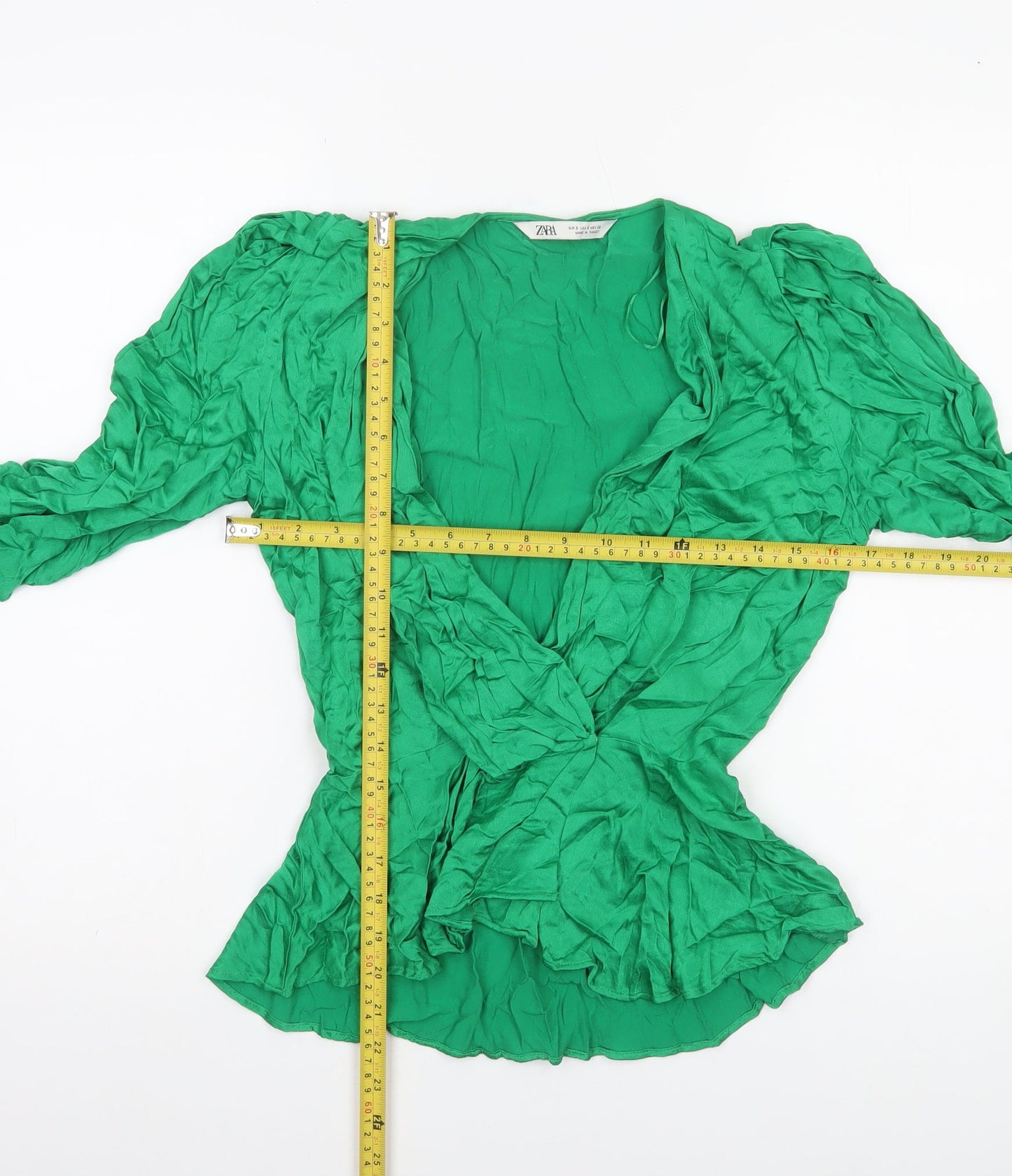 Zara Women Green Wrap Blouse Size S Viscose Long Puff Sleeve