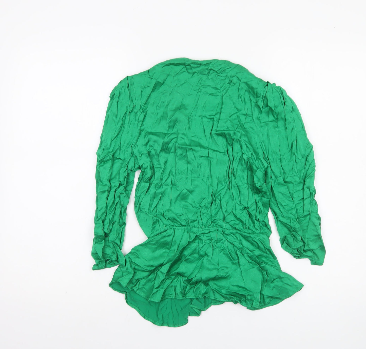 Zara Women Green Wrap Blouse Size S Viscose Long Puff Sleeve