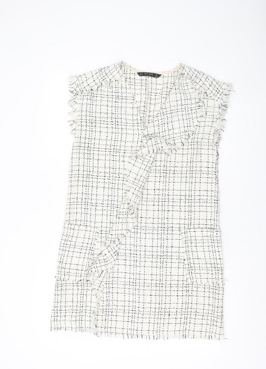 Zara Women White Check Sleeveless Shift Dress Size S Workwear