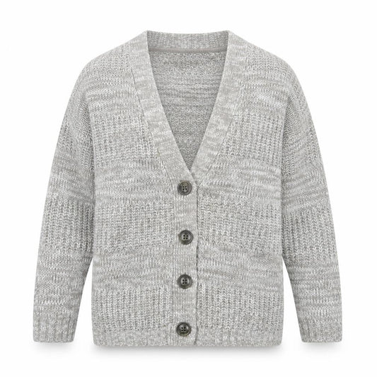Front view of Papaya Women’s Grey Chunky Knit V-Neck Cardigan, size S