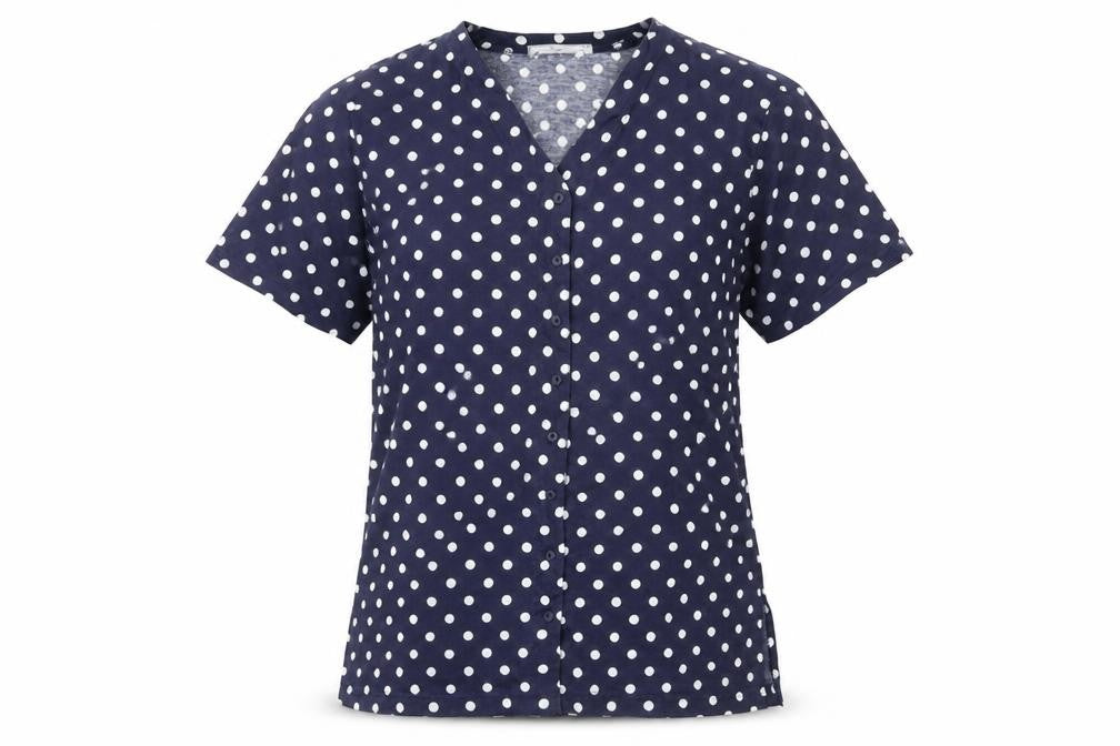 Design Essentials Womens Blue Polka Dot Shirt S Short Sleeve Button-Up