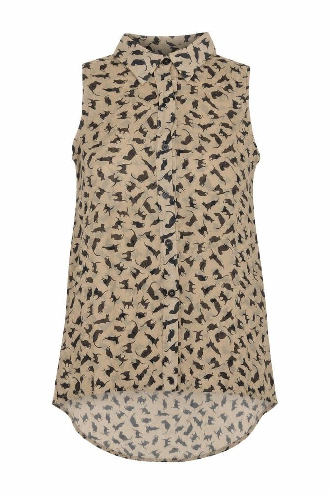 AX Paris Womens Beige Cat Print Sleeveless Button-Up Blouse Size 8