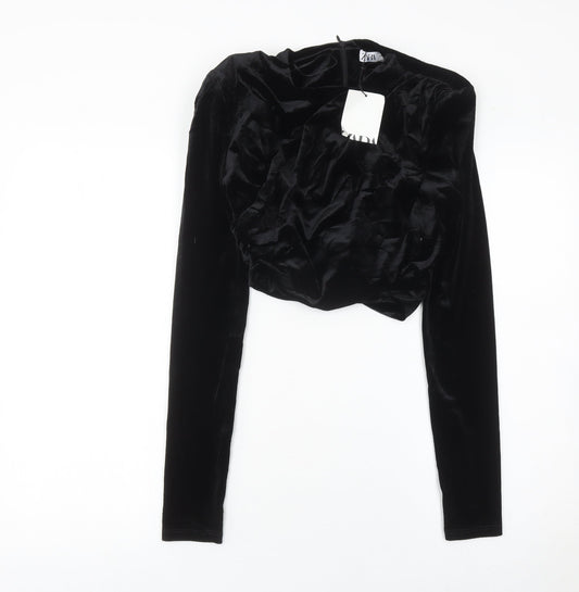 Zara Women Black Velvet Cropped Blouse S Long Sleeve V-Neck Party