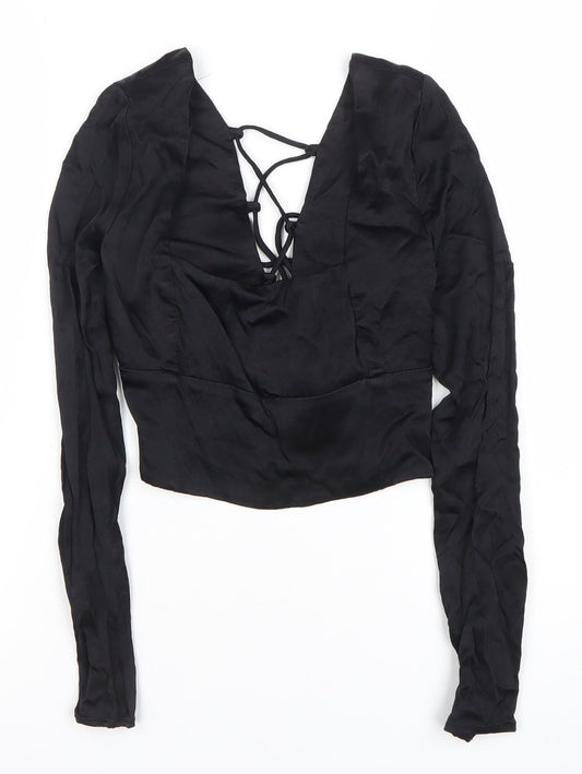 Zara Women Black Cropped Lace-Up Blouse Size 12 Slim Fit