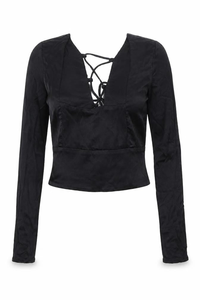 Zara Women Black Cropped Lace-Up Blouse Size 12 Slim Fit