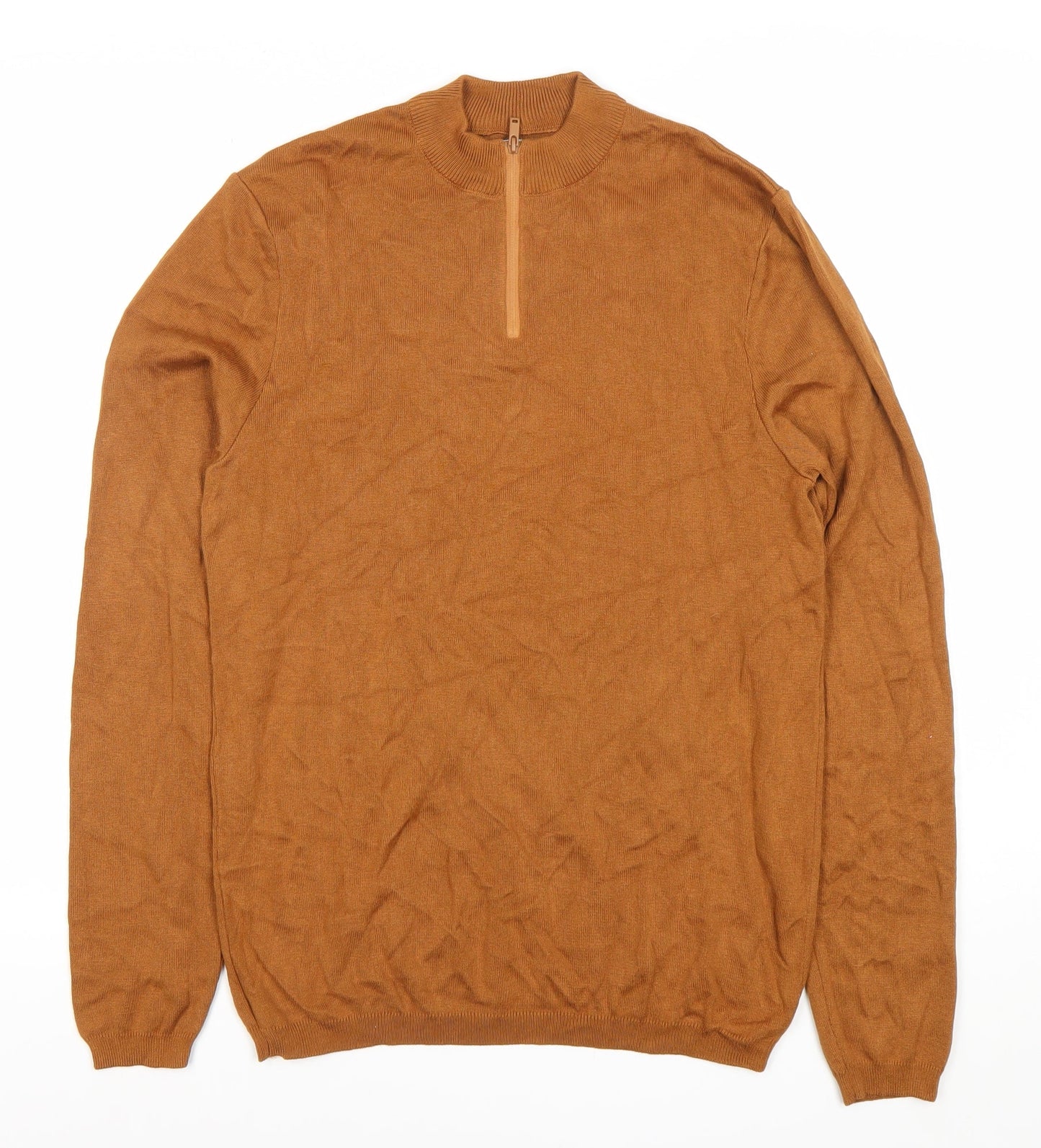 Zara Men’s Brown Mock Neck 1/4 Zip Jumper Size M Cotton Wool Blend