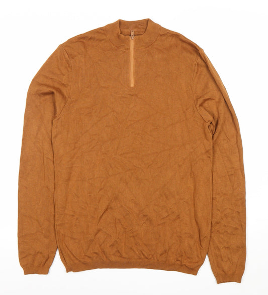 Zara Men’s Brown Mock Neck 1/4 Zip Jumper Size M Cotton Wool Blend