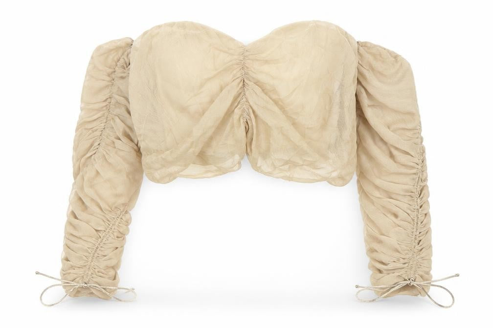 ASOS Women Beige Cropped Blouse Size 6 Long Puff Sleeves Party