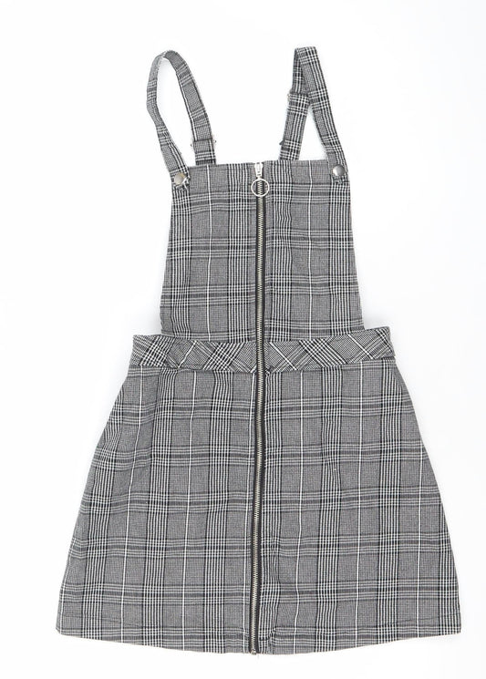 Divided Women Black Check Pinafore Dress Size 8 Zip Strappy Workwear