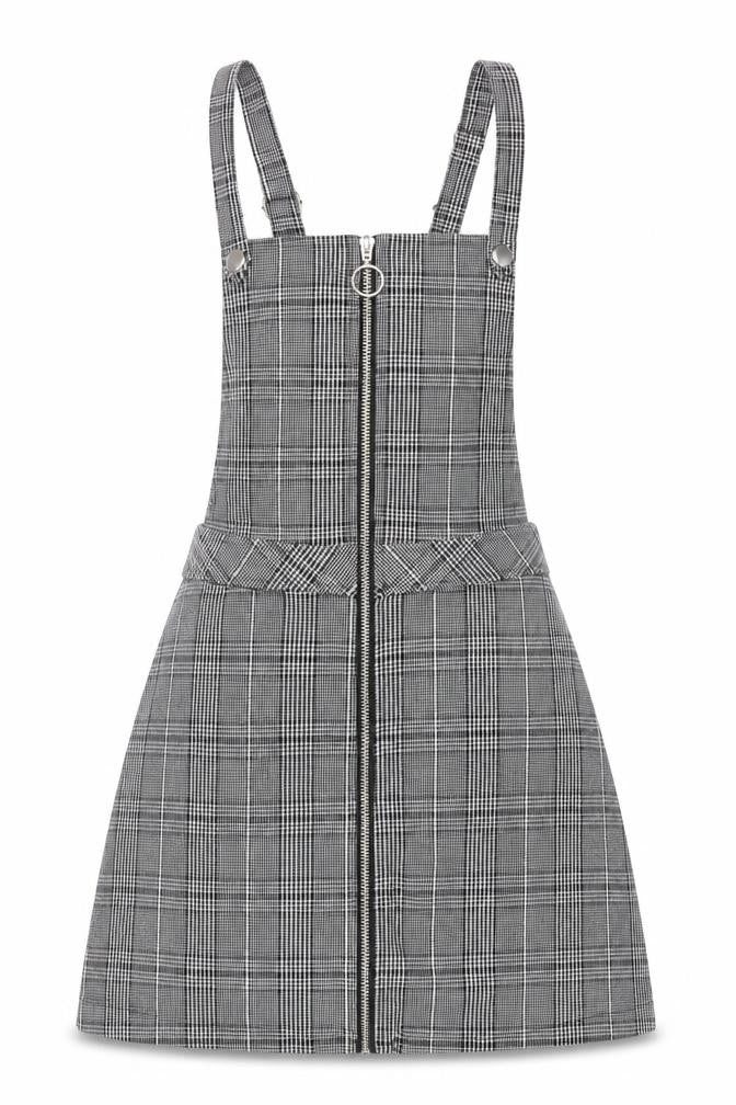 Divided Women Black Check Pinafore Dress Size 8 Zip Strappy Workwear