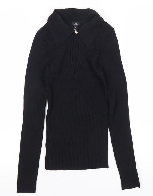 River Island Women’s Black Collared Knit Blouse Size 6 Slim Fit Long Sleeve