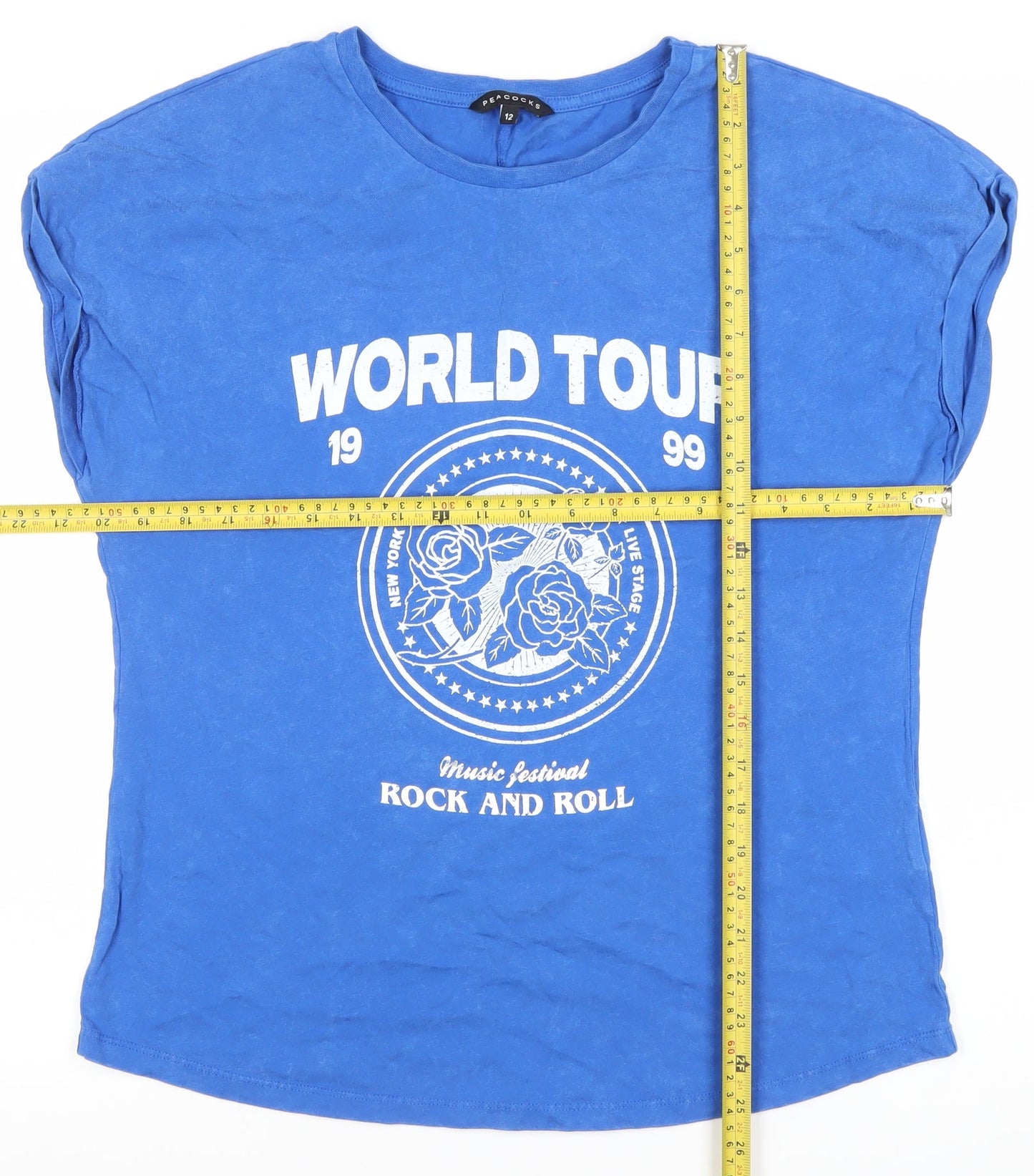 Peacocks Womens Blue Cotton Graphic Rock Tour T-Shirt Size 12