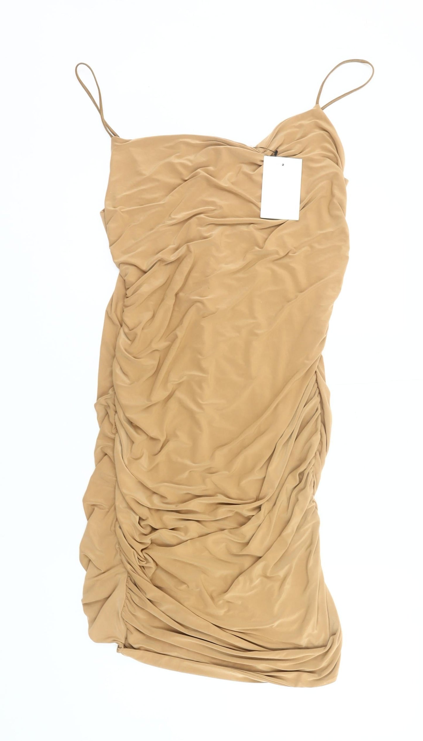 Femme Luxe Women’s Beige Size 14 Bodycon Ruched Mini Dress