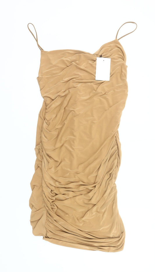 Femme Luxe Women’s Beige Size 14 Bodycon Ruched Mini Dress