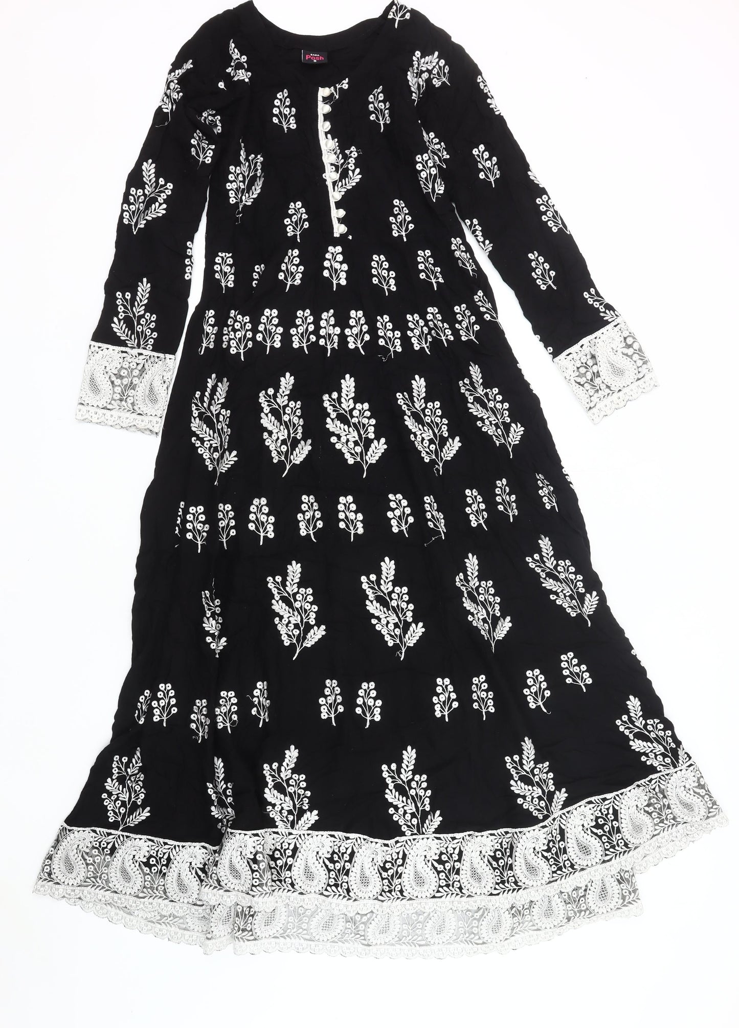 Baba Posh Womens Black Floral Maxi Dress Size S Bohemian Long Sleeve