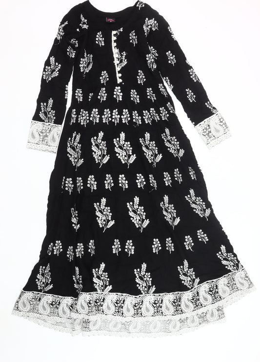 Baba Posh Womens Black Floral Maxi Dress Size S Bohemian Long Sleeve