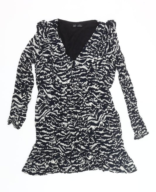 Zara Women Black Animal Print Wrap Dress Size 14 Long Sleeve