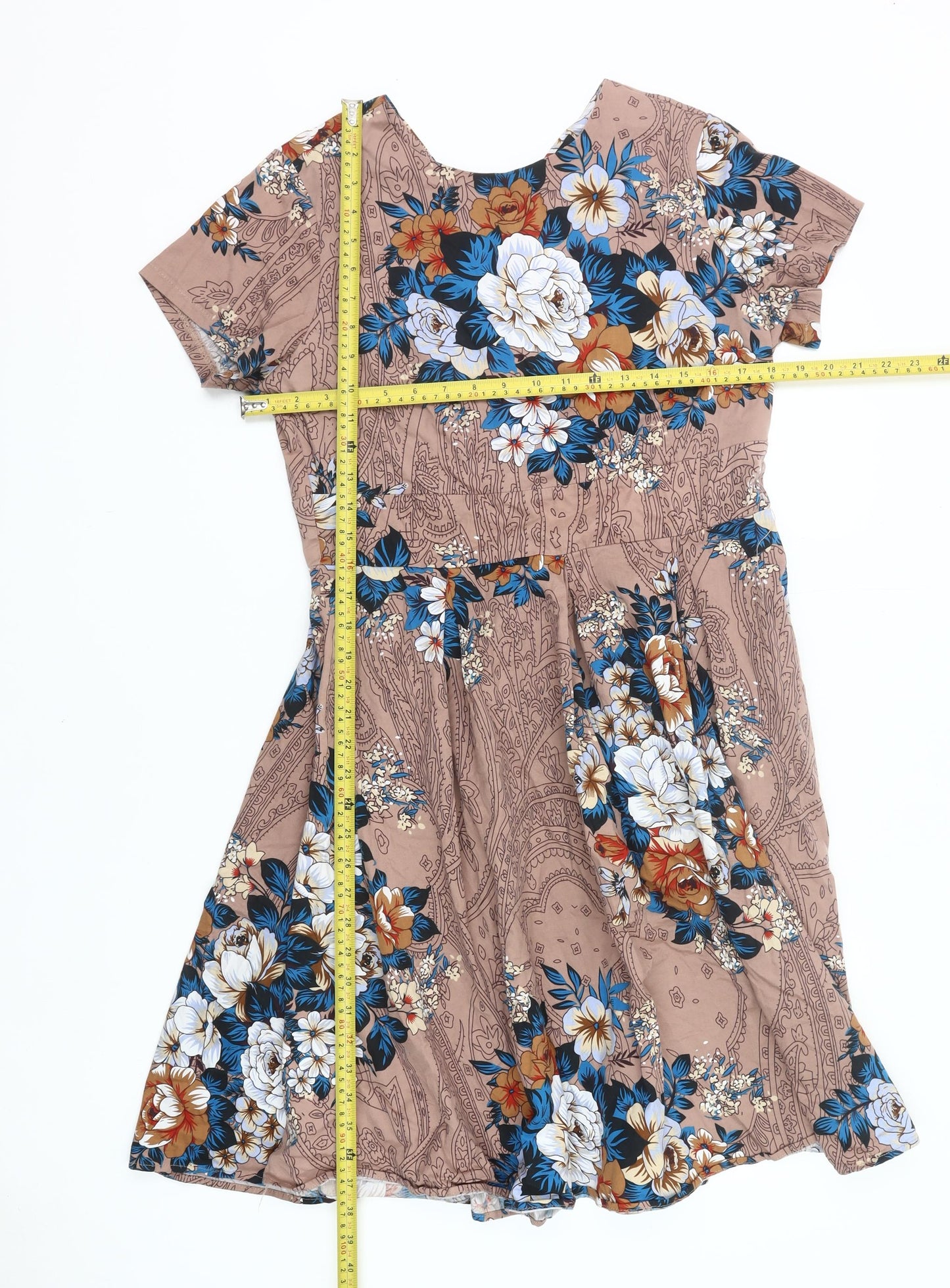 LAMiU Womens XL Brown Floral Fit & Flare Short Sleeve Knee Length Dress