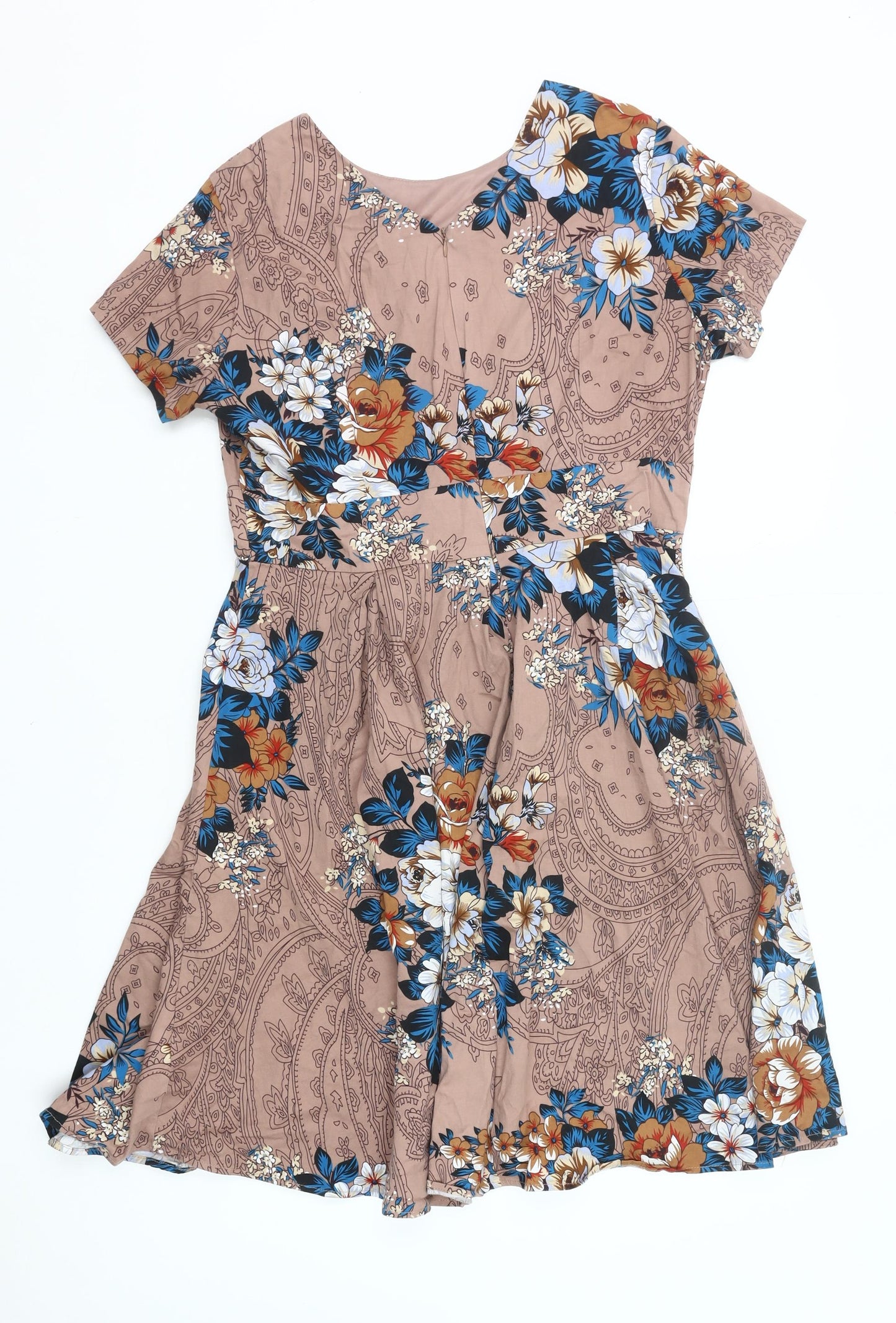 LAMiU Womens XL Brown Floral Fit & Flare Short Sleeve Knee Length Dress