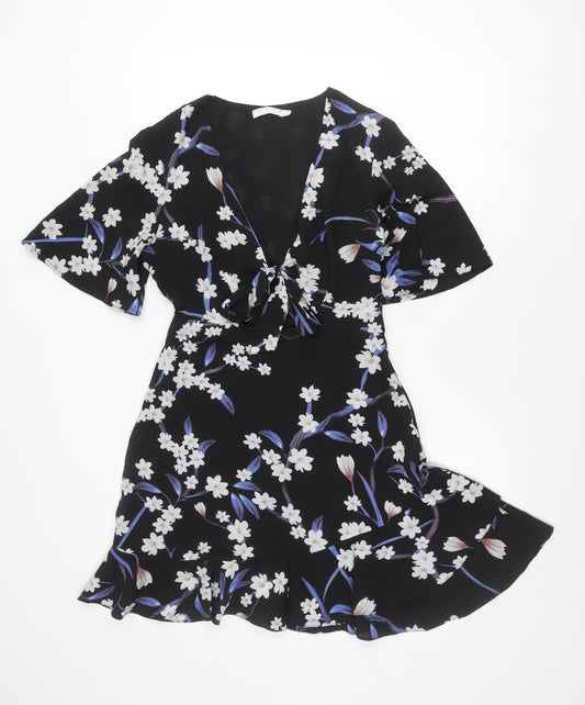 Vera & Lucy Womens Black Floral Wrap Dress Size M Short Sleeve