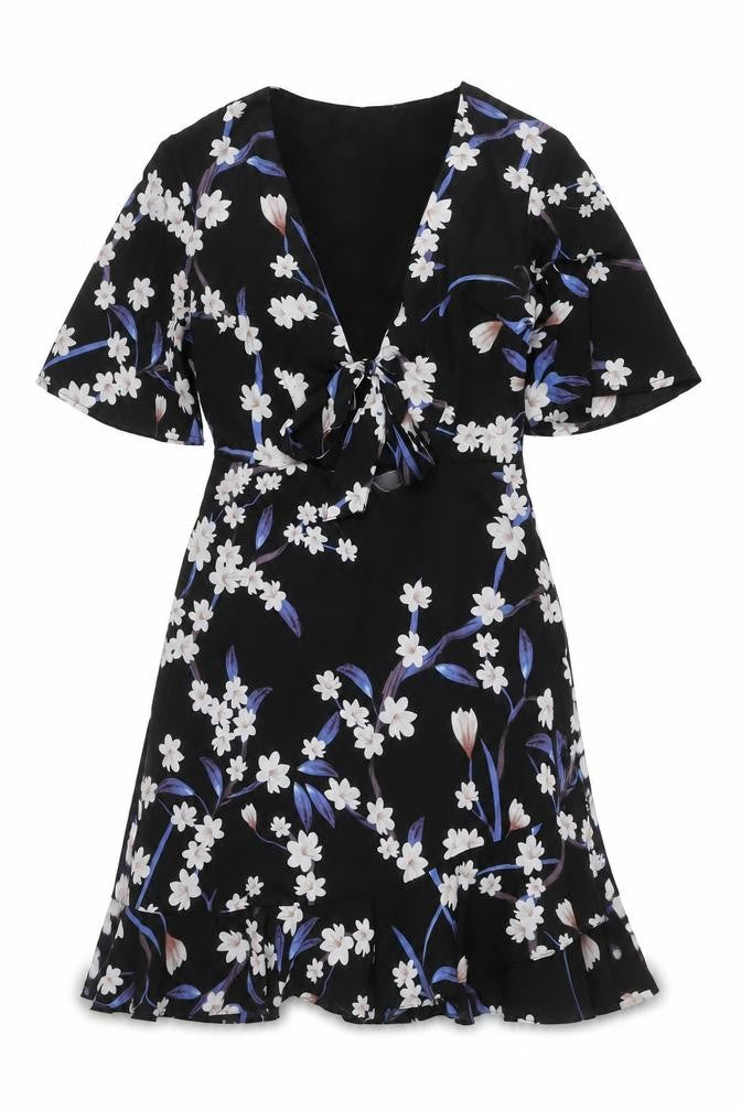 Vera & Lucy Womens Black Floral Wrap Dress Size M Short Sleeve
