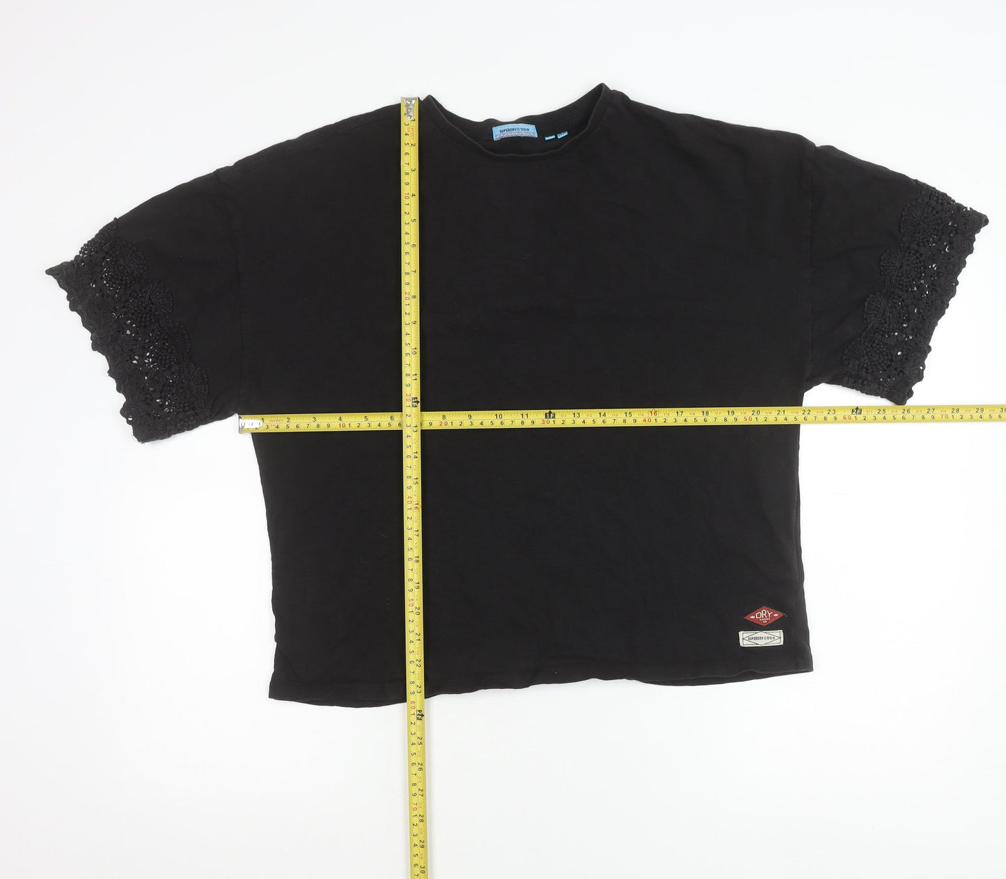 Superdry Womens Black Cotton Crochet Sleeve Relaxed T-Shirt Size 16