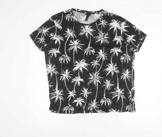 H&M Womens Black Palm Tree Print Cotton T-Shirt Size L Short Sleeve