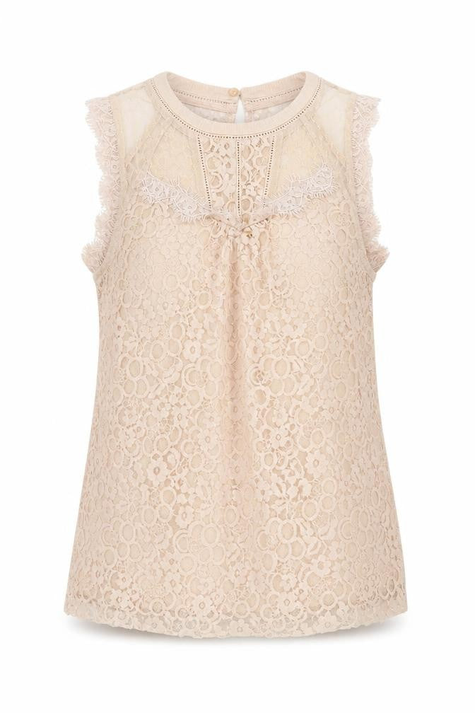 New Look Women’s Beige Lace High Neck Sleeveless Blouse Size 10