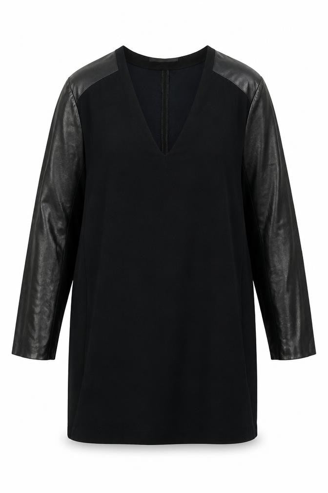 Maje Womens Black Tunic Blouse Size 12 Long Sleeve V-Neck Sheepskin Detail