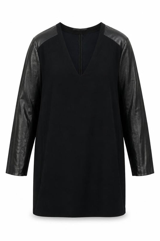 Maje Womens Black Tunic Blouse Size 12 Long Sleeve V-Neck Sheepskin Detail