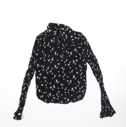 H&M Women’s Black Bird Print Long Sleeve Tunic Blouse Size 6