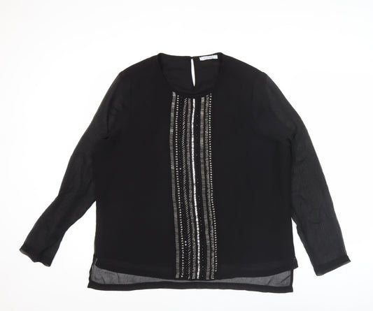 Marks and Spencer Womens Black Beaded Blouse Size 16 Long Sleeve Polyester