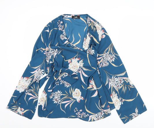 Wallis Women’s Blue Floral Wrap Blouse UK 14 Long Sleeve V-Neck