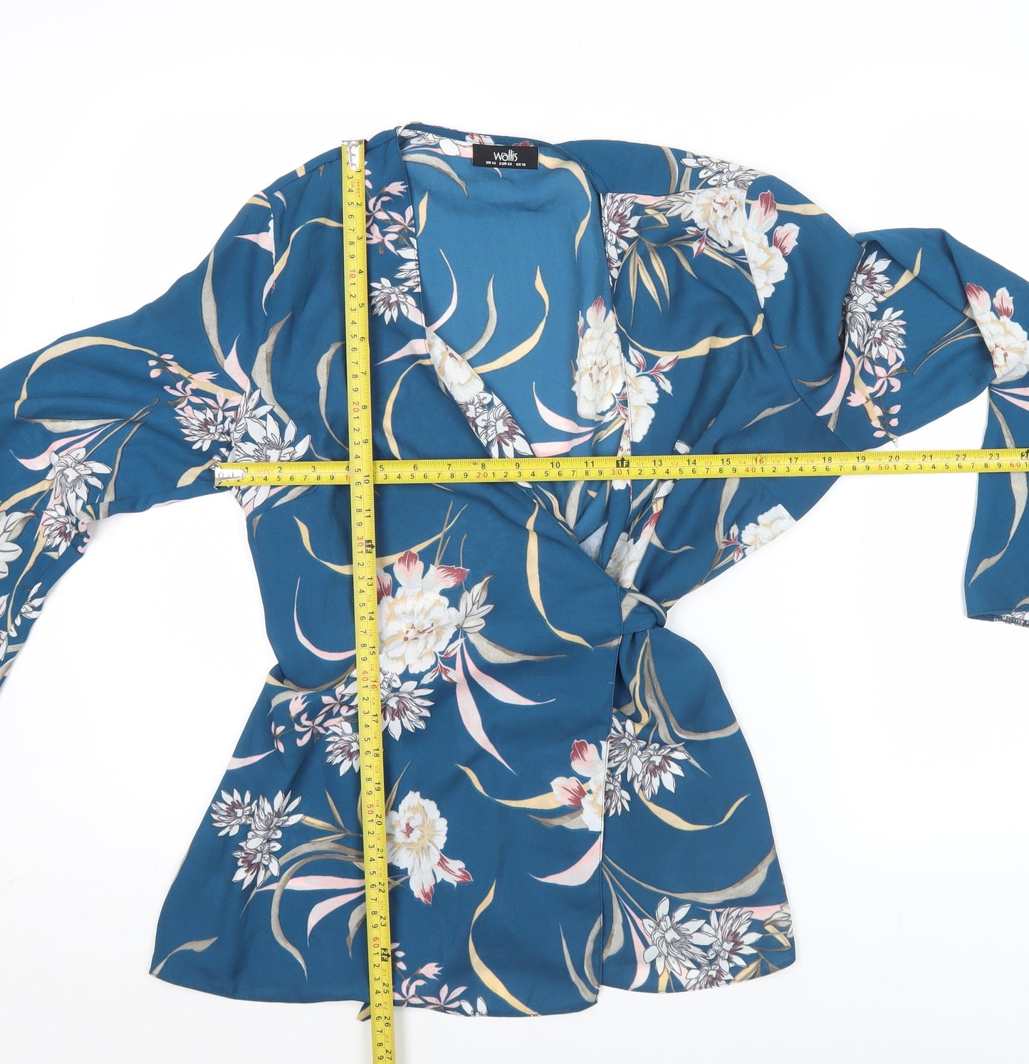 Wallis Women’s Blue Floral Wrap Blouse UK 14 Long Sleeve V-Neck