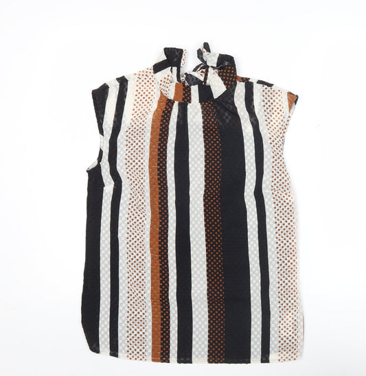 Next Women’s Petite Black Brown White Striped Bow Blouse Size 10P