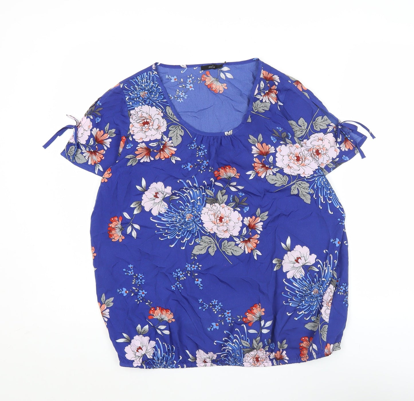 M&Co Womens Blue Floral Tunic Blouse Size 14 Short Sleeve Scoop Neck